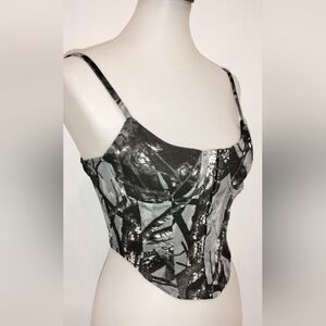 AKIRA Black and Gray Patterned Corset-Style Bra Top